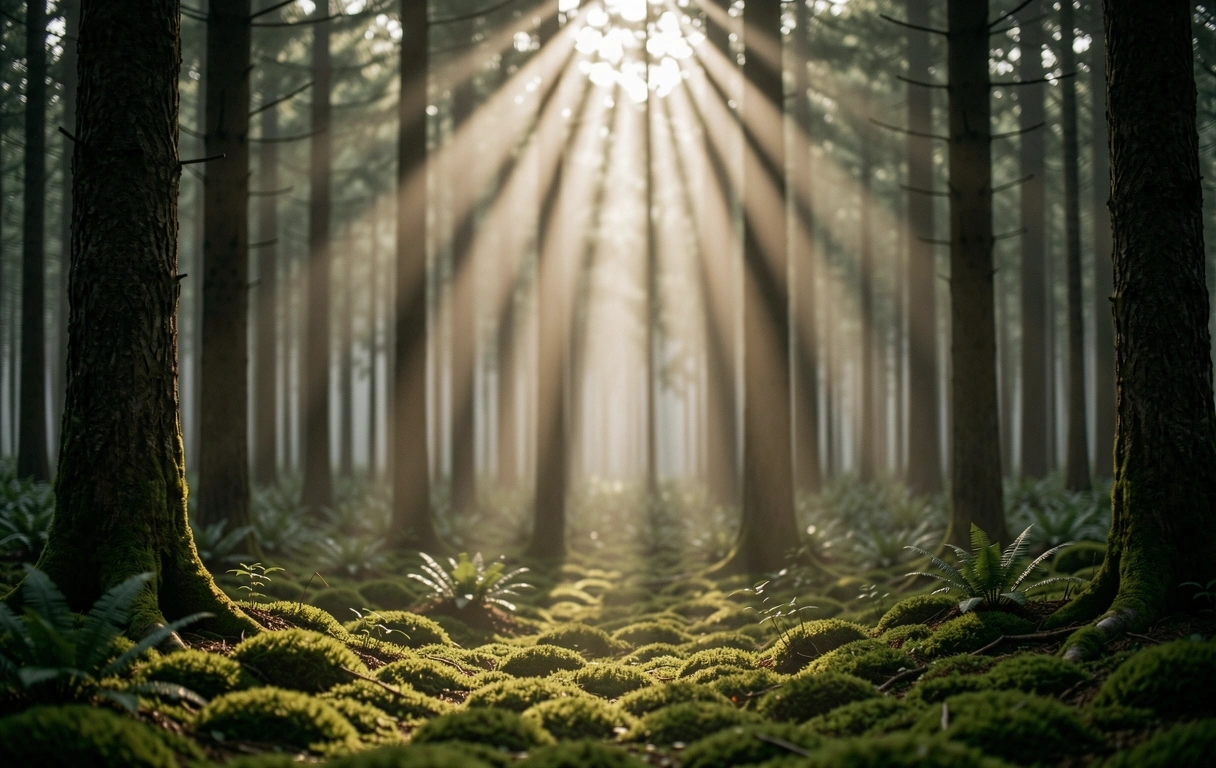 Morgendliche Lichtstrahlen in einem dichten Wald